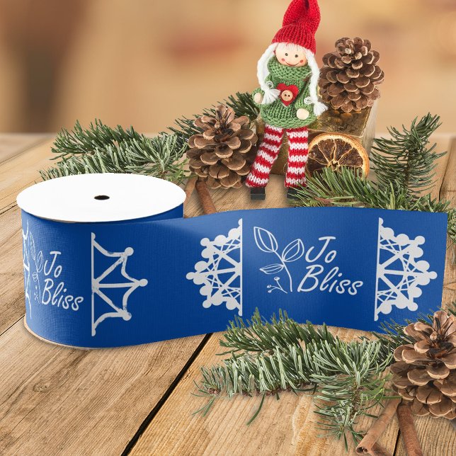 Business Logo, Snowflakes Bright Blue Branded Gift Grosgrain Ribbon (blue and white company holiday gift ribbon with business logo, bright blue Christmas gift ribbon)