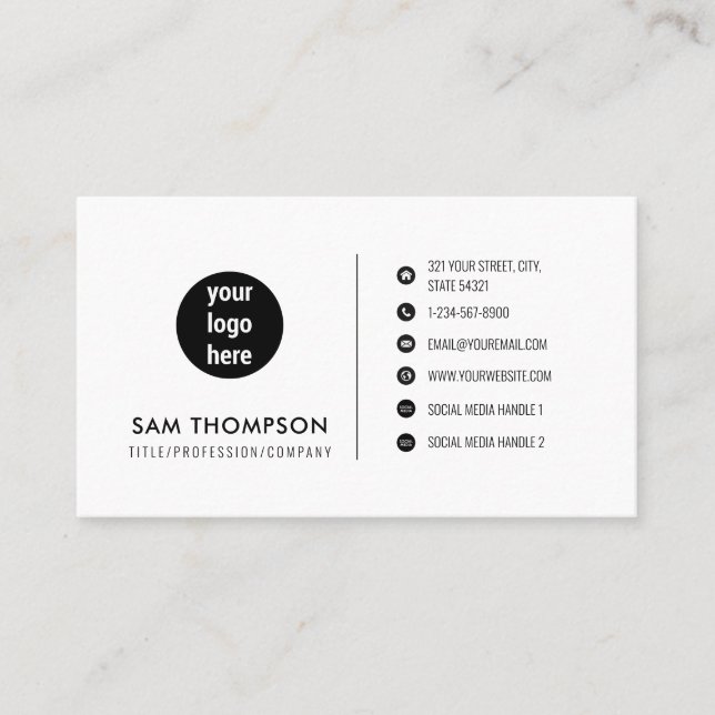 Business Logo Social Media Icons Minimal White Card (Front)