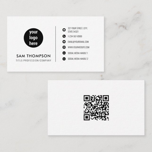 Business Logo Social Media QR Code White Template Card (Front/Back)