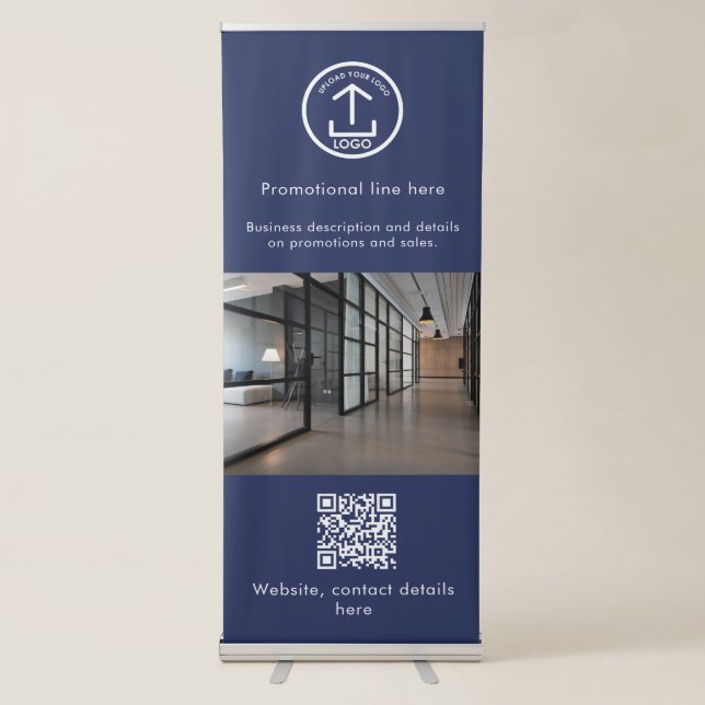 Business Logo Text Photo Professional QR Code Blue Retractable Banner (Front)