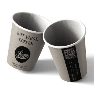 Business Logo, Text, QR code Branded Beige Coffee Paper Cups