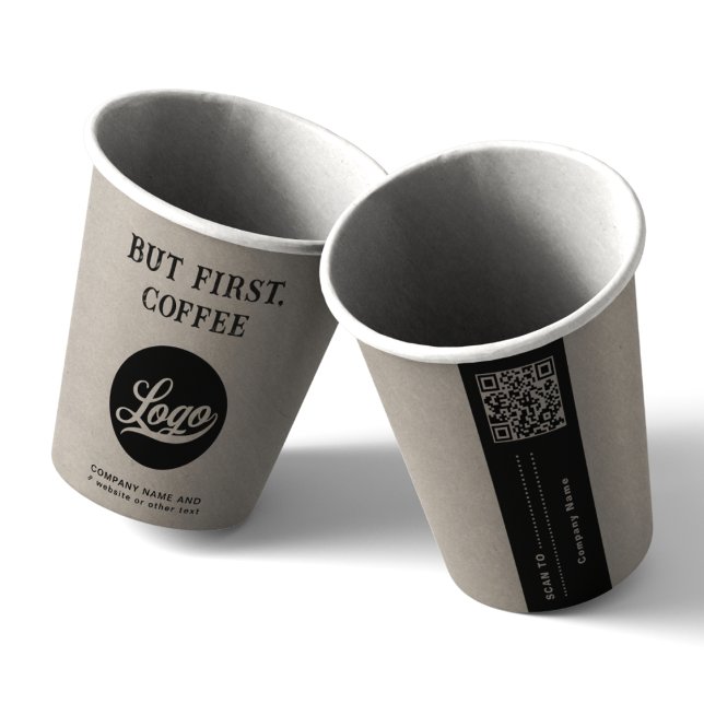 Business Logo, Text, QR code Branded Beige Coffee Paper Cups (Creator Uploaded)