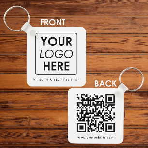 Business Logo Text QR Code Double Sided White Key Ring