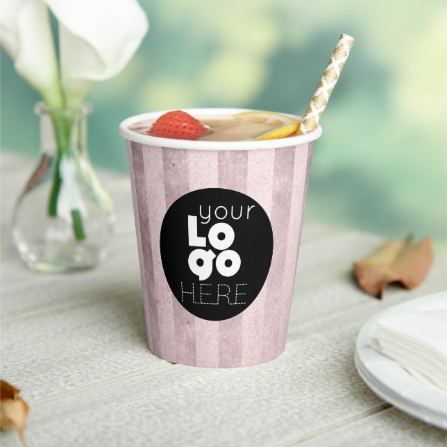 Business Logo Vintage Blush Pink Stripe Paper Cups (Insitu)