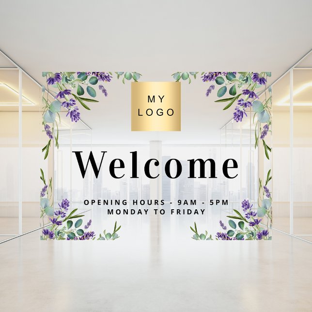 Business logo welcome opening hours lavender window cling (Creator Uploaded)