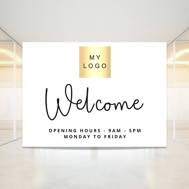 Business logo welcome opening hours white black window cling (Creator Uploaded)