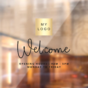 Business logo welcome opening hours window cling