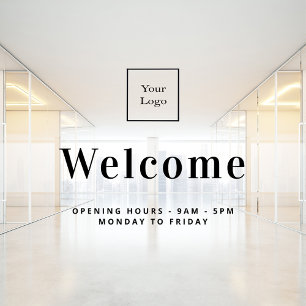 Business logo welcome opening hours window cling
