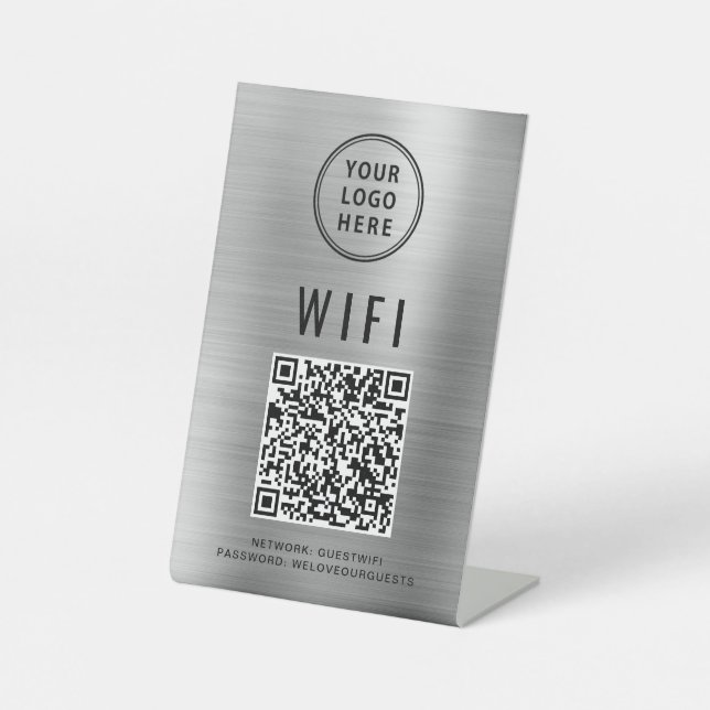 Business Logo Wifi QR Code Scan To Connect Silver Pedestal Sign (Front)