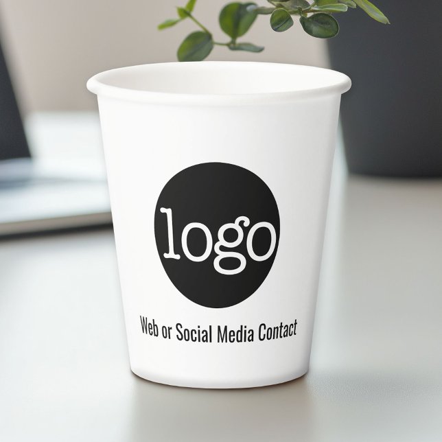 Business Logo with Contact Info - minimal black Paper Cups (Custom Paper Cups for Business)