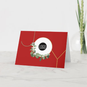 Business Logo Wreath Happy Holidays Joy Red Custom Holiday Card