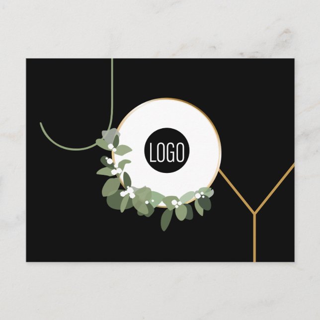 Business Logo Wreath Happy Holidays Modern Joy Holiday Postcard (Front)