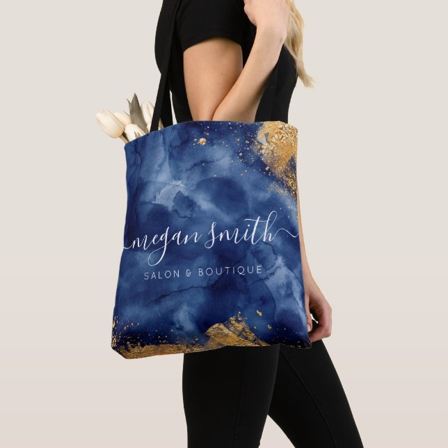 Business Luxe Navy Blue Gold Promotional Tote Bag (Close Up)