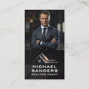 Business Man in Suit Real Estate Logo Metallic Business Card