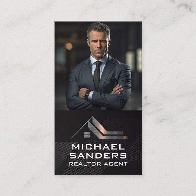 Business Man in Suit | Real Estate Logo Metallic Business Card (Front)
