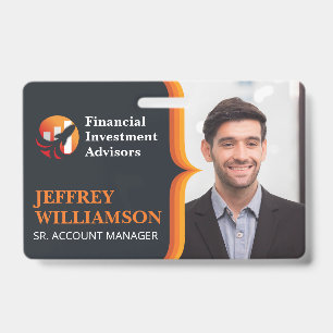 Business Man Smiling   Finance Logo   Barcode ID Badge