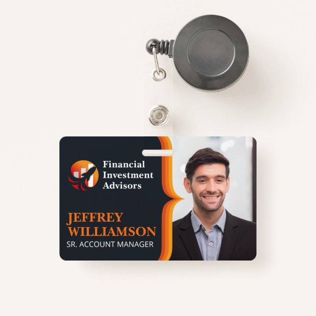 Business Man Smiling | Finance Logo | Barcode ID Badge (Front with Retractable)