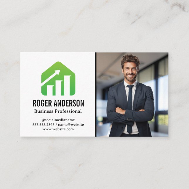 Business Man Smiling in Office | Financial Logo Business Card (Front)