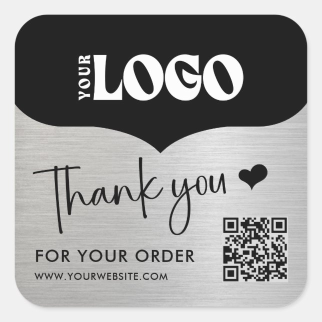 Business Metallic Silver Logo QR Code Thank You Square Sticker (Front)