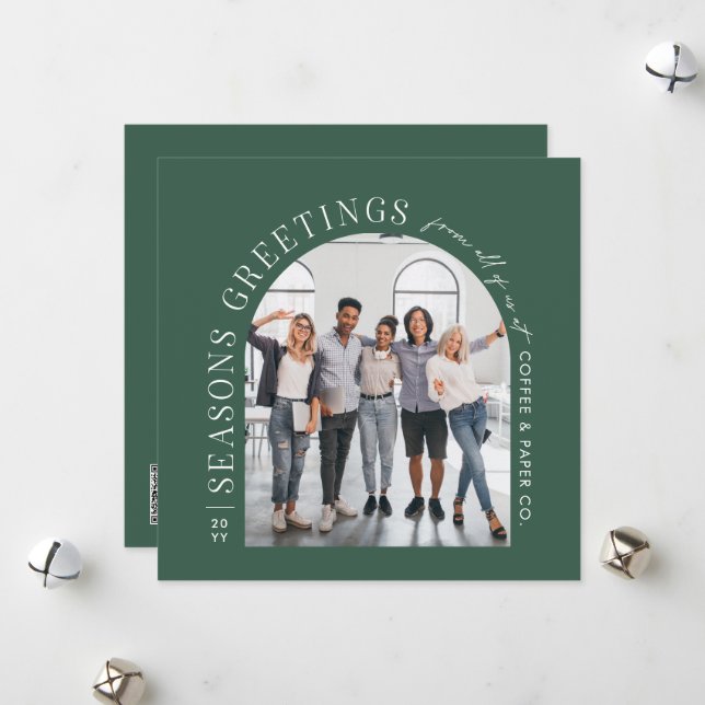 Business Modern Arch Photo Christmas green Holiday Card (Front/Back In Situ)