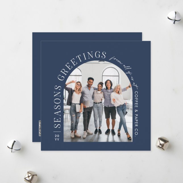 Business Modern Arch Photo Christmas navy blue Holiday Card (Front/Back In Situ)