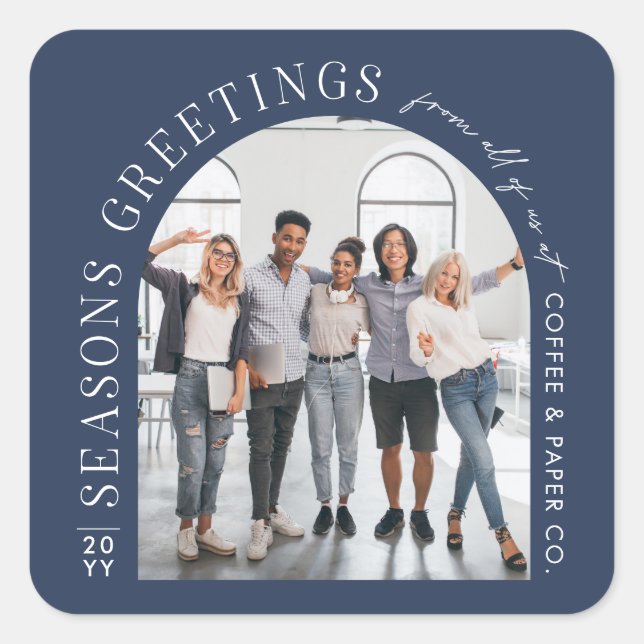 Business Modern Arch Photo Christmas navy blue Square Sticker (Front)