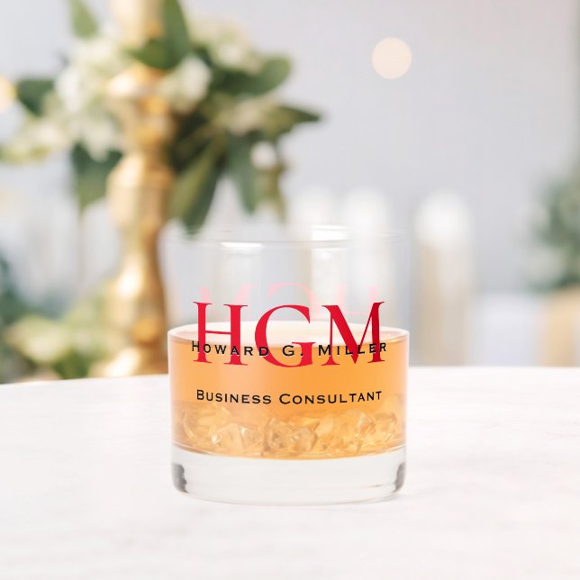 Business Modern Red Black 3 Letter Monogram Logo Whiskey Glass (Insitu (Wedding))