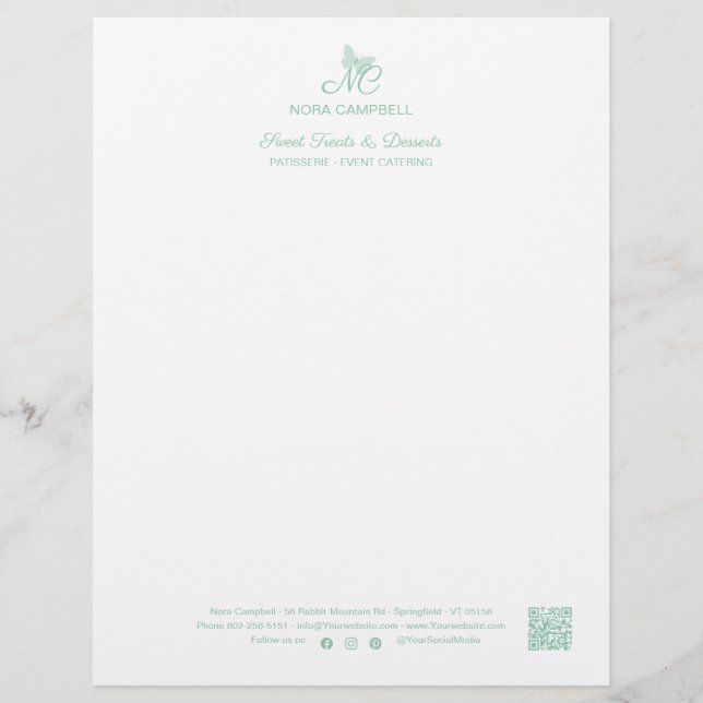 Business Monogram QR Code Social Media Icons Mint Custom Letterhead (Front)