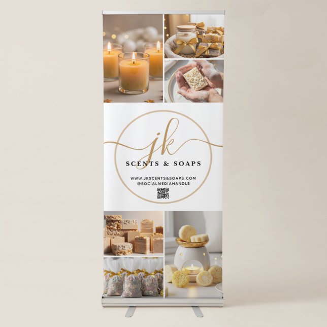 Business Monogram Script Logo 6 Photos White Gold Retractable Banner (Front)
