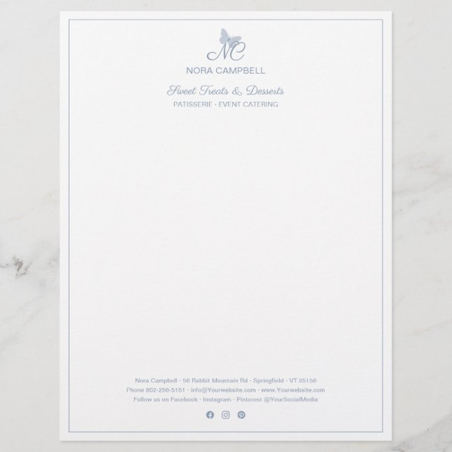 Business Monogram Social Media Dusty Blue Border Custom Letterhead (Front)