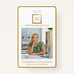 Business Monogram Square Gold Frame Red Diamond ID Badge