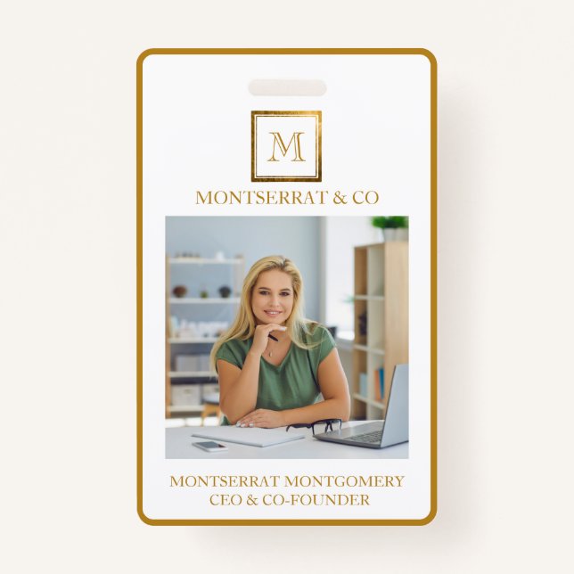 Business Monogram Square Gold Frame Red Diamond ID Badge (Front)