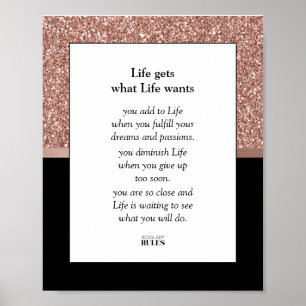 Business Motivation Rose Gold Glitter and Black Poster