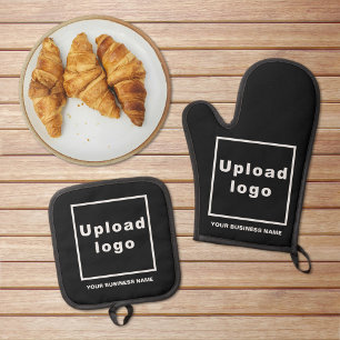 Business Name and Logo on Black Oven Mitt & Pot Holder Set