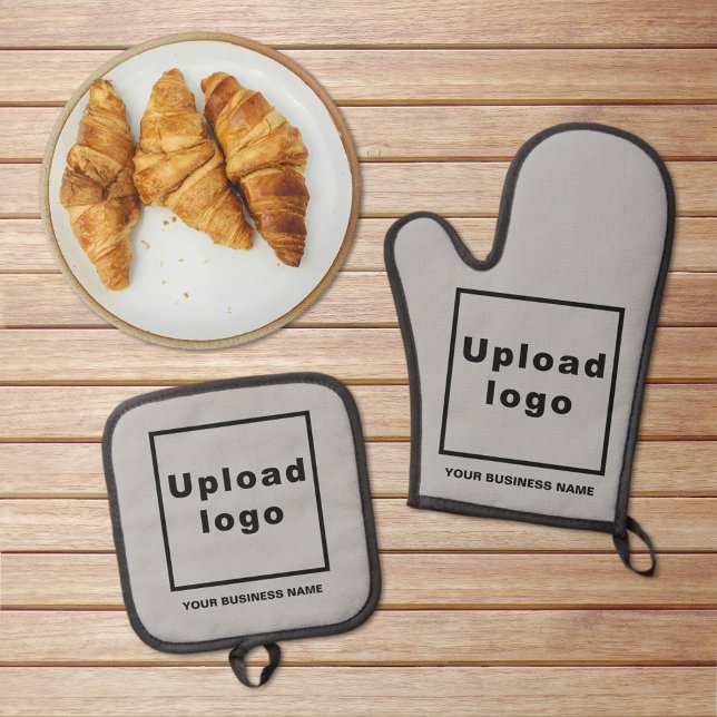 Business Name and Logo on Grey Oven Mitt & Pot Holder Set (Business name and logo on gray oven mitt and pot holder set)