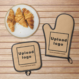 Business Name and Logo on Light Brown Oven Mitt & Pot Holder Set