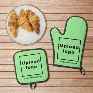 Business Name and Logo on Light Green Oven Mitt & Pot Holder Set