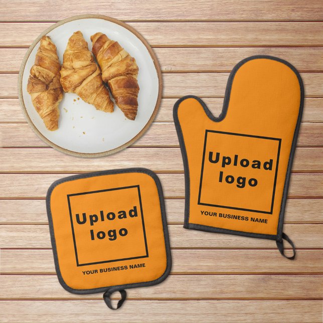 Business Name and Logo on Orange Colour Oven Mitt & Pot Holder Set (Business name and logo on orange color oven mitt and pot holder set)