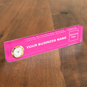 Business Name and Logo on Pink Acrylic With Clock Nameplate