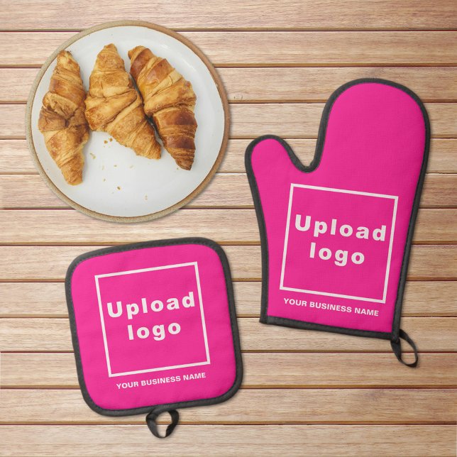 Business Name and Logo on Pink Oven Mitt & Pot Holder Set (Business name and logo on pink oven mitt and pot holder set)