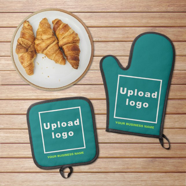 Business Name and Logo on Teal Green Oven Mitt & Pot Holder Set (Business name and logo on teal green oven mitt and pot holder set)