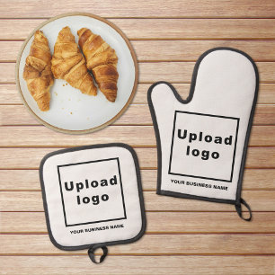 Business Name and Logo on White Oven Mitt & Pot Holder Set