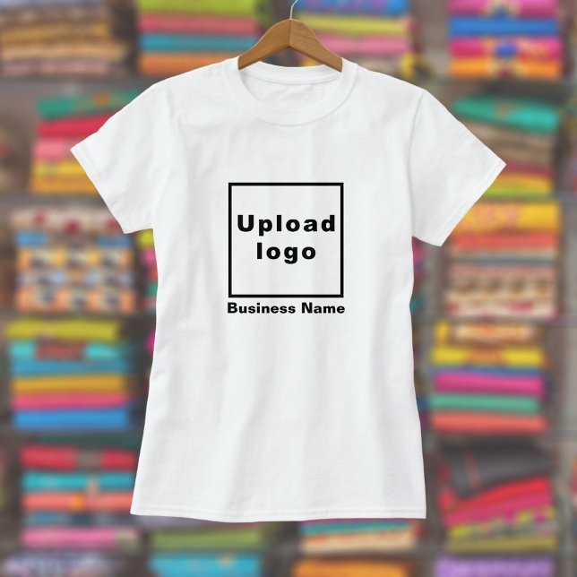 Business Name and Logo on Women's White T-Shirt (Women's white t-shirt with your business name and logo displayed in a store)