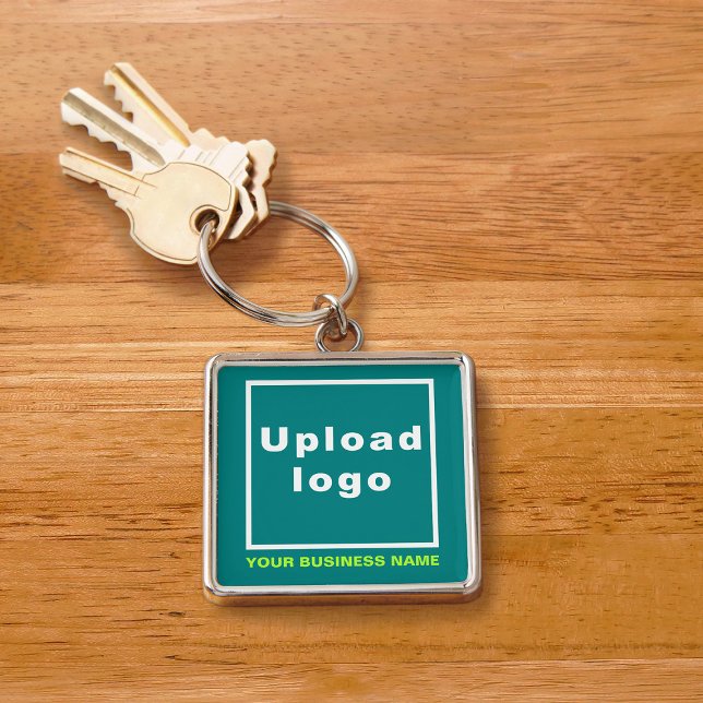 Business Name and Logo, Teal Green Square Premium Key Ring (Creator Uploaded)
