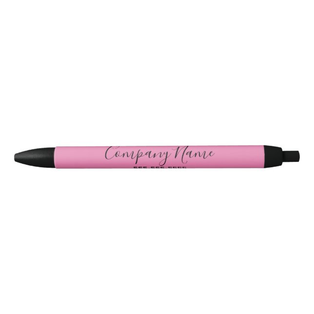 Business Name and Phone Pink Black Elegant Script Black Ink Pen (Front)