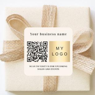 Business name beige logo qr code square sticker