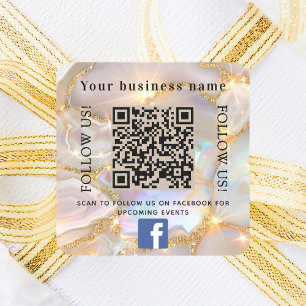 Business name beige opal gold qr code Facebook Square Sticker