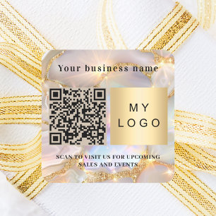Business name beige opal logo qr code square sticker