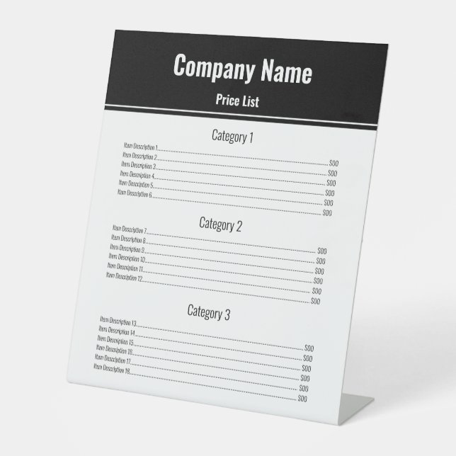 Business Name Black and White Template Price List Pedestal Sign (Front)