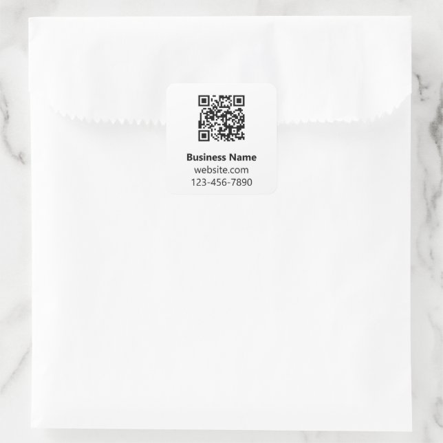 Business Name Black White Phone Website QR Code Square Sticker (Bag)